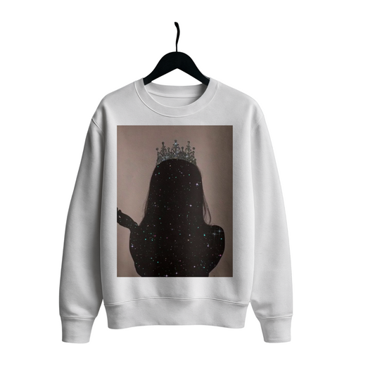 White crewneck with glitter-textured background and quote “No one is you and that is your power” | LÖLLÖSER