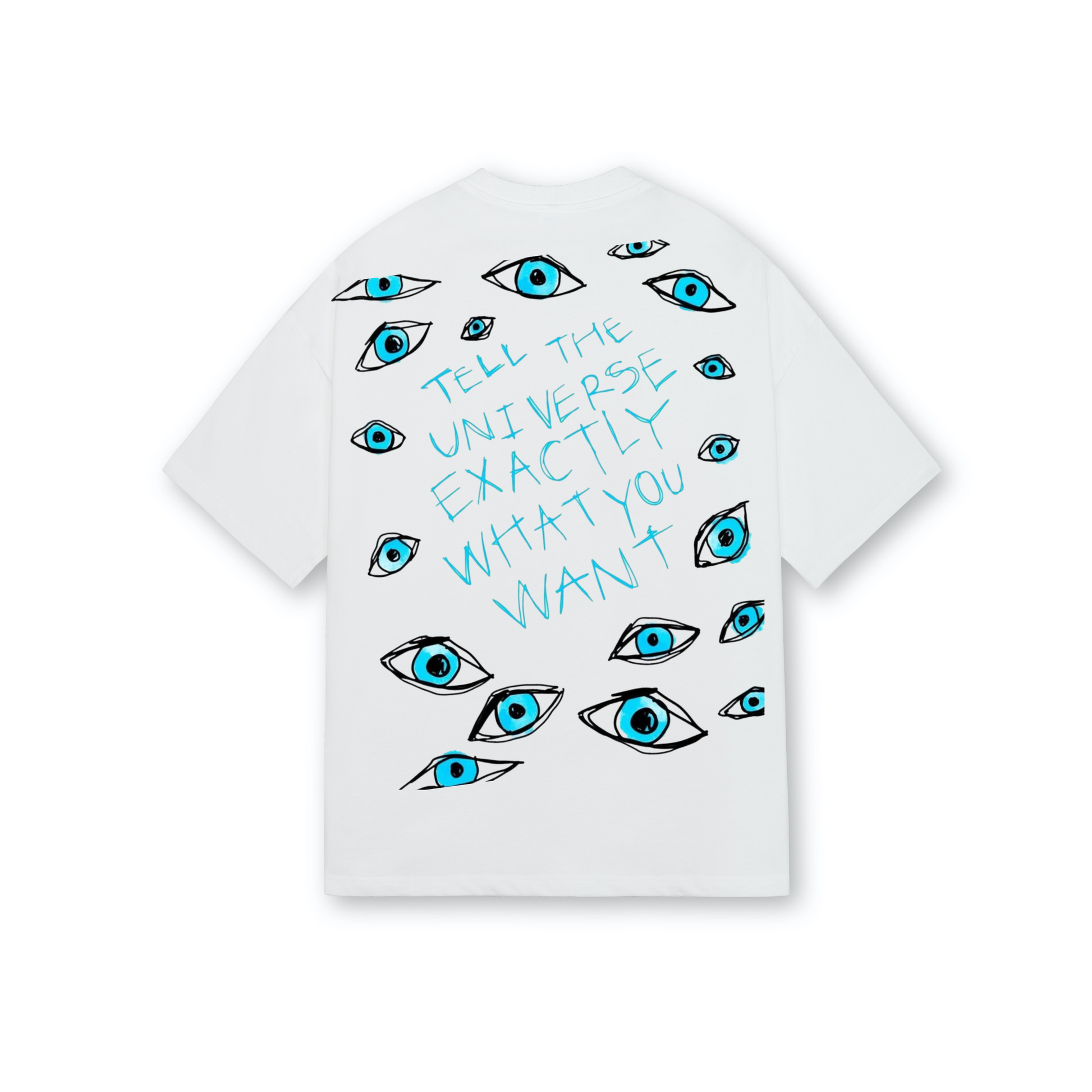 White t-shirt with blue eye illustrations and text on a white background