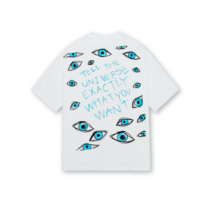 White t-shirt with blue eye illustrations and text on a white background